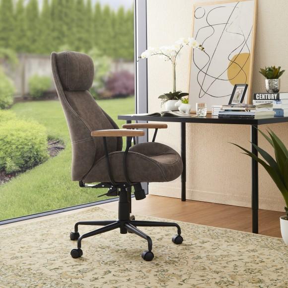 Glitzhome Glitzhome Mid-Century Modern Coffee Leatherette Gaslift Adjustable Swivel High Back & Armrest Office Chair-Wooden Armrest