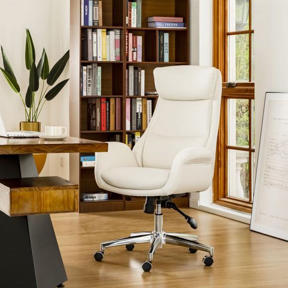 Glitzhome Glitzhome Mid-Century Modern Cream Bonded Leather Gaslift Adjustable Swivel Office Chair