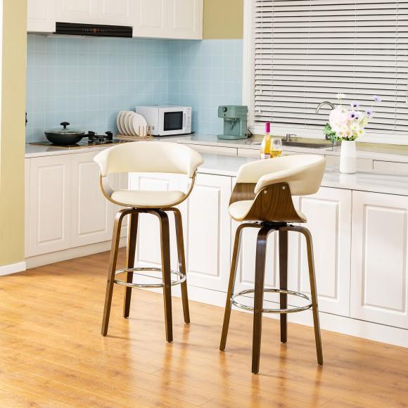 Glitzhome Glitzhome Mid-century Modern Cream PU Leather/Walnut Bentwood Swivel Bar Chair Set Of 2