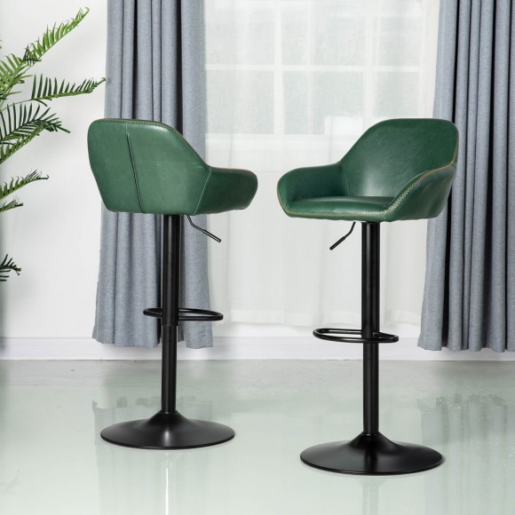 Glitzhome Glitzhome Mid-Century Modern Hunter Green Leatherette Gaslift Adjustable Swivel Bar Stool Set Of 2