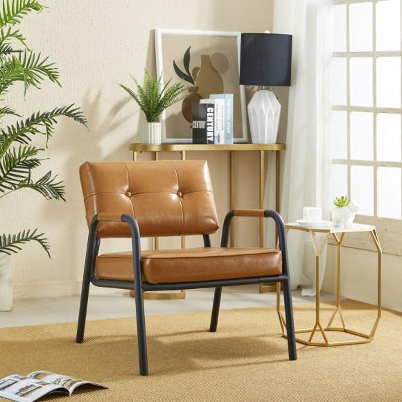 Glitzhome Glitzhome Mid-Century Modern Light Brown Leatherette Arm Accent Chair With Frosted Black Metal Frame