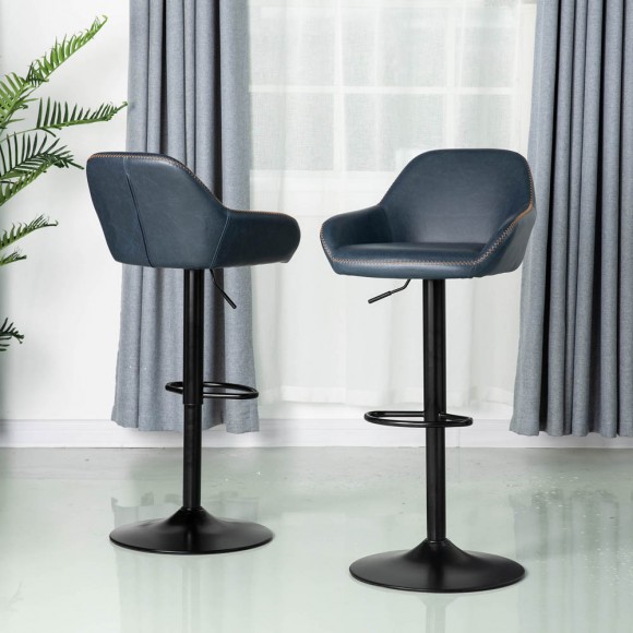 Glitzhome Glitzhome Mid-Century Modern Navy Blue Leatherette Gaslift Adjustable Swivel Bar Stool Set Of 2