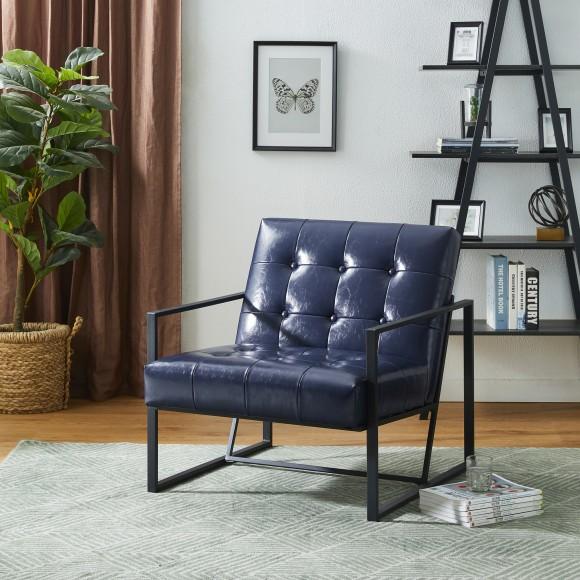 Glitzhome Glitzhome Mid-Century Modern Navy Blue Leatherette Button-tufted Accent Arm Chair With Black Metal Frame