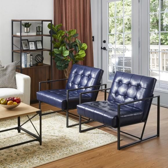 Glitzhome Glitzhome Mid-Century Modern Navy Blue Leatherette Button-tufted Accent Arm Chair With Black Metal Frame