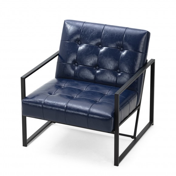 Glitzhome Glitzhome Mid-Century Modern Navy Blue Leatherette Button-tufted Accent Arm Chair With Black Metal Frame