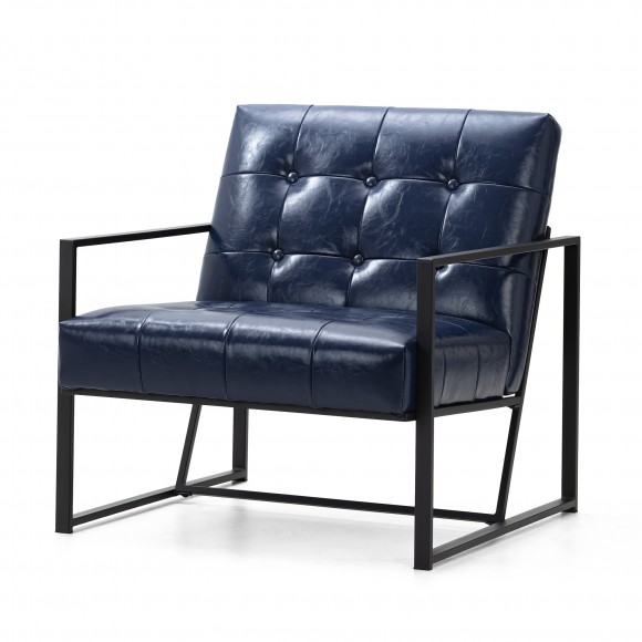 glitzhome Glitzhome Mid-Century Modern Navy Blue Leatherette Button-tufted Accent Arm Chair with Black Metal Frame