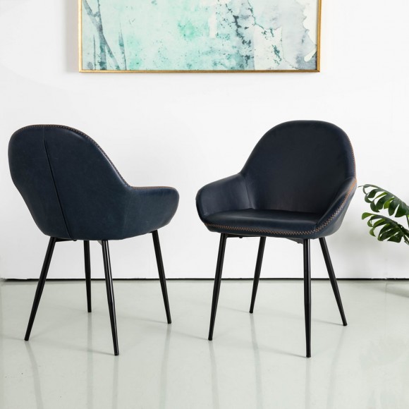 Glitzhome Glitzhome Mid-Century Modern Navy Blue Leatherette Dining Armchair Set Of 2