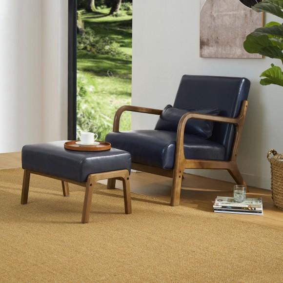 Glitzhome Glitzhome Mid-century Modern Navy Blue Leatherette Accent Stool With Walnut Rubberwood Legs