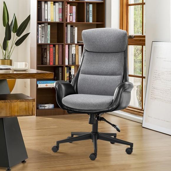 Glitzhome Glitzhome Mid-Century Modern Two-tone Faux Leather And Fabric Combination Gaslift Adjustable Swivel High Back Office Chair-Black & Gray