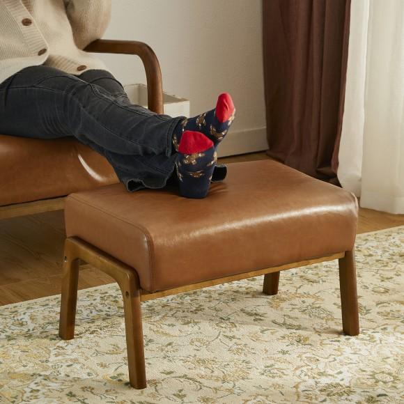 Glitzhome Glitzhome Mid-century Modern Yellowish-brown Leatherette Accent Stool With Walnut Rubberwood Legs