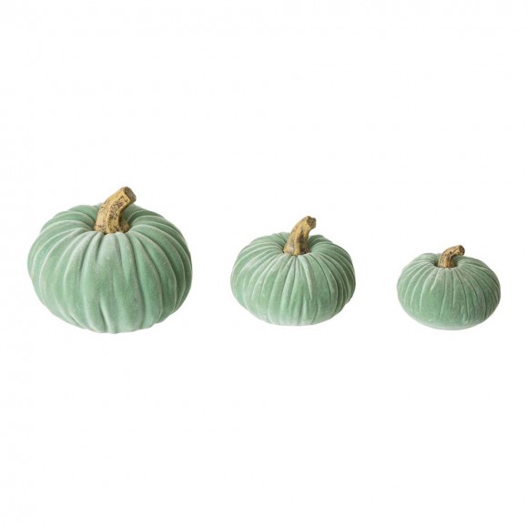 Glitzhome Glitzhome Mint Green Velvet/Resin Pumpkins Decor Set Of 3
