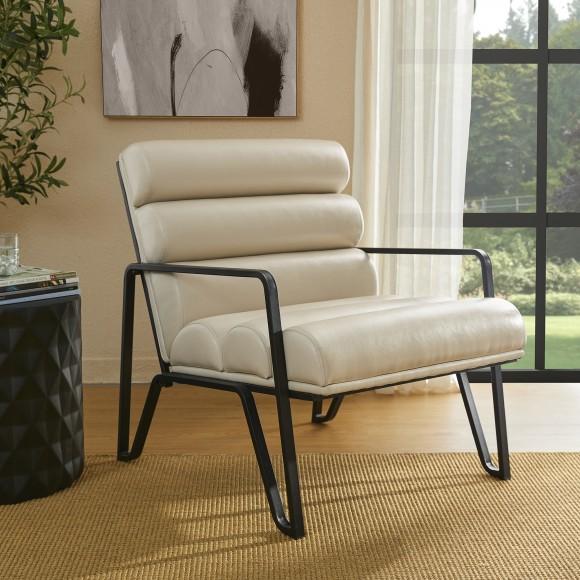 Glitzhome Glitzhome Modern Beige Wavy Leatherette Accent Arm Chair With Black Metal Frame