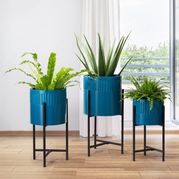 Glitzhome Glitzhome Modern Glossy Blue Metal Plant Stands Set Of 3
