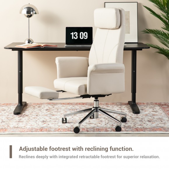 Glitzhome Glitzhome Modern Ivory Deluxe Faux Leather Gaslift Adjustable Swivel High Back Office Chair With Footrest And Armrest