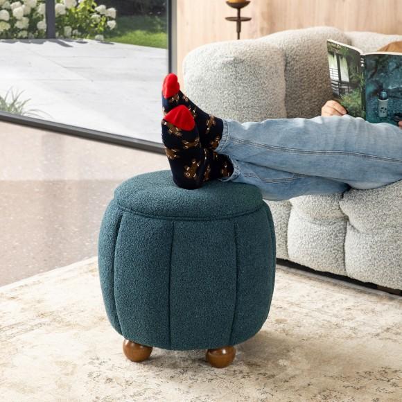 Glitzhome Glitzhome Modern Slate Blue Boucle Upholstered Storage Ottoman Or Accent Stool With Rubberwood Ball Feet