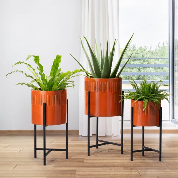 Glitzhome Glitzhome Modern Washed Orange Metal Plant Stands Set Of 3