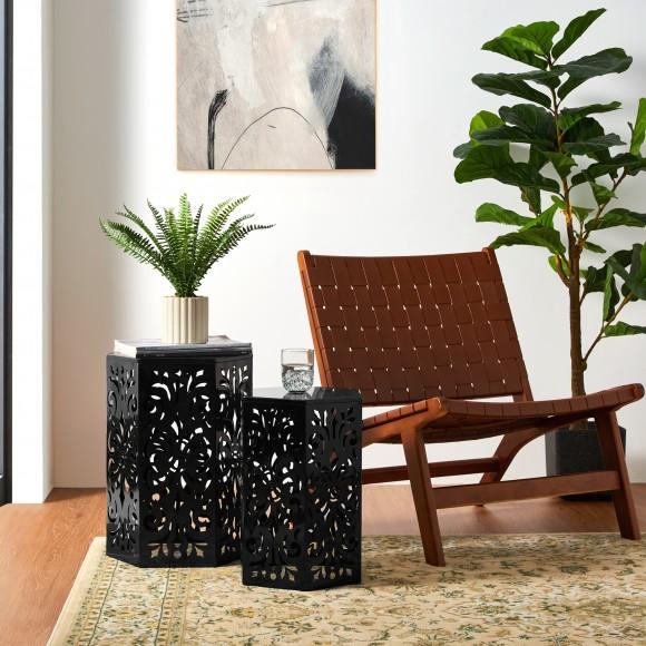 Glitzhome Glitzhome Multi-Functional Set Of 2 Black Iron Cutout Floral Pattern Hexagonal Garden Stools Or Planter Stand Or Accent Table Or Side Table