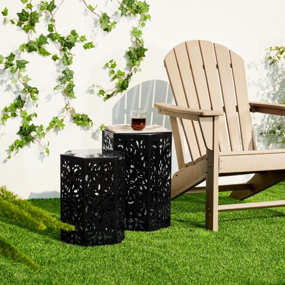 Glitzhome Glitzhome Multi-Functional Set Of 2 Black Iron Cutout Floral Pattern Hexagonal Garden Stools Or Planter Stand Or Accent Table Or Side Table