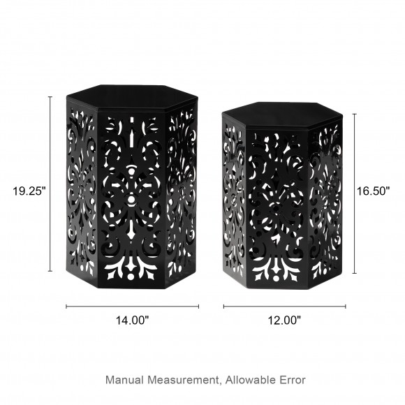 Glitzhome Glitzhome Multi-Functional Set Of 2 Black Iron Cutout Floral Pattern Hexagonal Garden Stools Or Planter Stand Or Accent Table Or Side Table