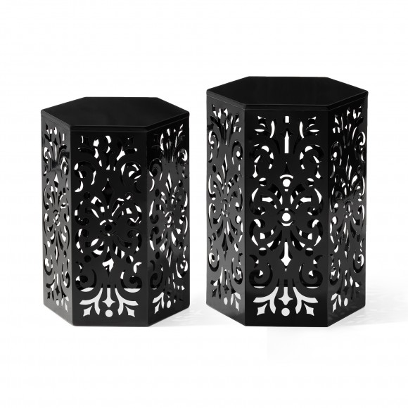 glitzhome Glitzhome Multi-Functional Set of 2 Black Iron Cutout Floral Pattern Hexagonal Garden Stools or Planter Stand or Accent Table or Side Table
