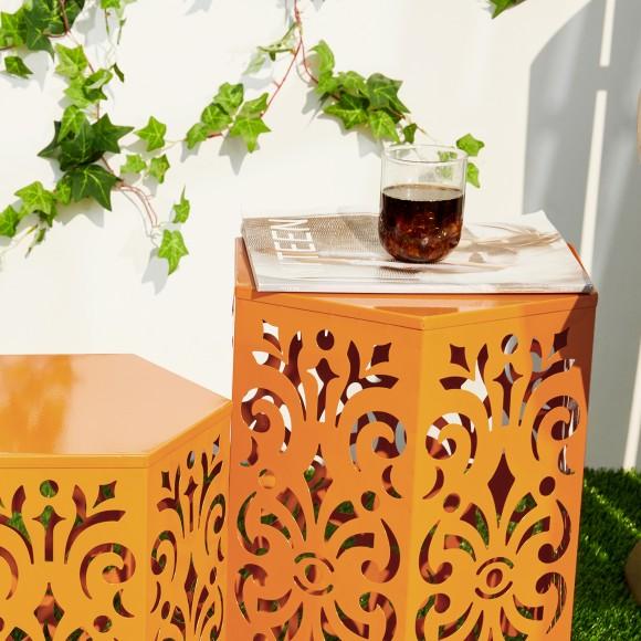 Glitzhome Glitzhome Multi-Functional Set Of 2 Orange Iron Cutout Floral Pattern Hexagonal Garden Stools Or Planter Stand Or Accent Table Or Side Table