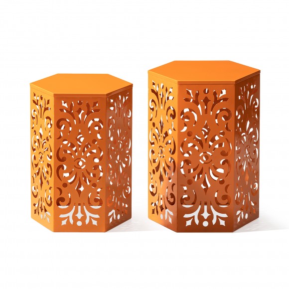 glitzhome Glitzhome Multi-Functional Set of 2 Orange Iron Cutout Floral Pattern Hexagonal Garden Stools or Planter Stand or Accent Table or Side Table