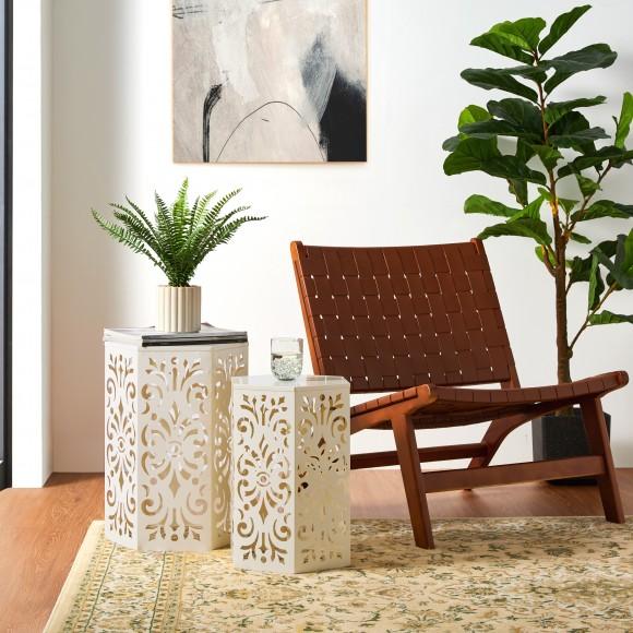 Glitzhome Glitzhome Multi-Functional Set Of 2 White Iron Cutout Floral Pattern Hexagonal Garden Stools Or Planter Stand Or Accent Table Or Side Table