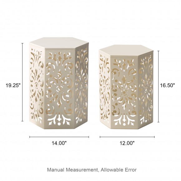 Glitzhome Glitzhome Multi-Functional Set Of 2 White Iron Cutout Floral Pattern Hexagonal Garden Stools Or Planter Stand Or Accent Table Or Side Table