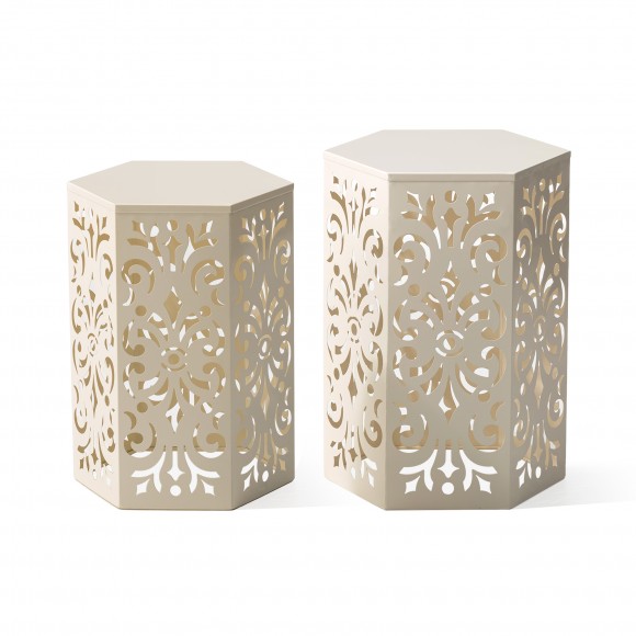 glitzhome Glitzhome Multi-Functional Set of 2 White Iron Cutout Floral Pattern Hexagonal Garden Stools or Planter Stand or Accent Table or Side Table