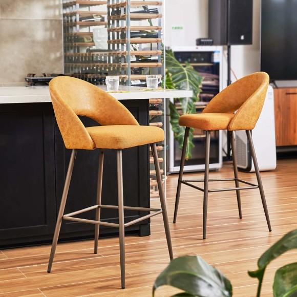 Glitzhome Glitzhome Mustard Yellow Fabic Seat And Leatherette Backrest Bar Stool With Brown Metal Tapered Metal Legs Set Of 2