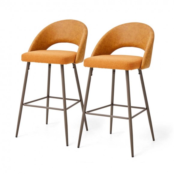 glitzhome Glitzhome Mustard Yellow Fabic Seat and Leatherette Backrest Bar Stool with Brown Metal Tapered Metal Legs Set of 2