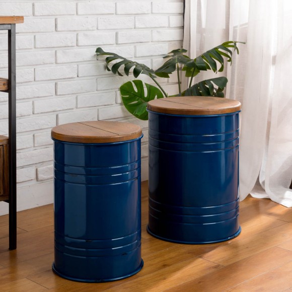 Glitzhome Glitzhome Navy Blue Modern Metal Storage Accent Table Or Stool With Solid Wood Lid Set Of 2