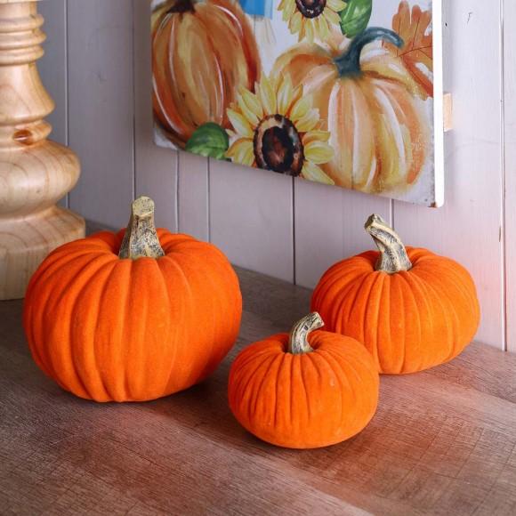 Glitzhome Glitzhome Orange Velvet/Resin Pumpkins Decor Set Of 3