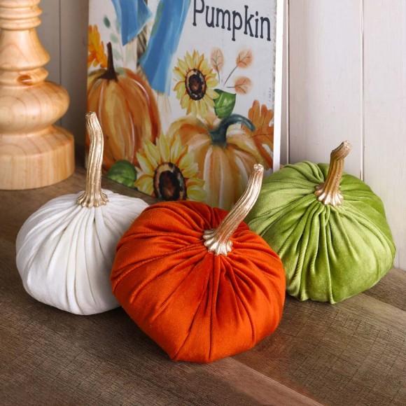 Glitzhome Glitzhome Orange/White/Green Velvet Pumpkins Decor Set Of 3