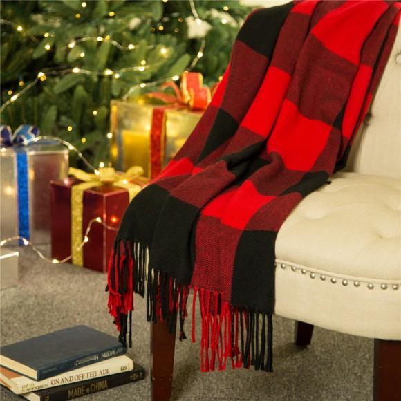 Glitzhome Glitzhome Plaid Check Tassel Throw Blanket 50" X 60" Red