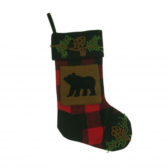 Glitzhome Glitzhome Plaid Stocking With Rug Hooked Bear