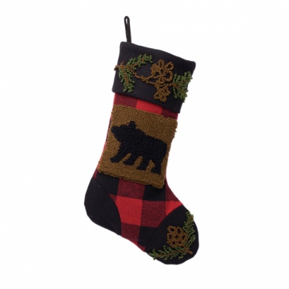 glitzhome Glitzhome Plaid Stocking with Rug Hooked Bear