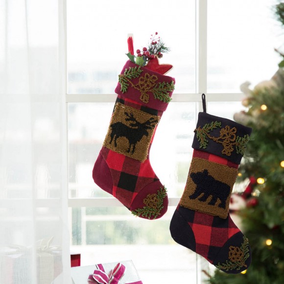 Glitzhome Glitzhome Plaid Stocking With Rug Hooked Stocking(Reindeer& Bear) Set Of 2