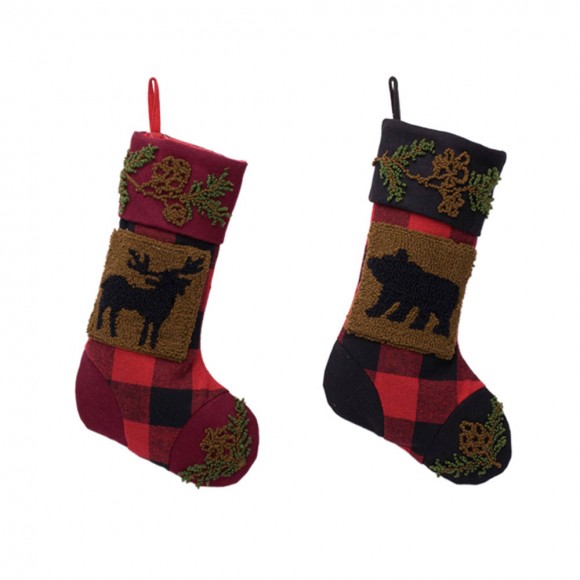 glitzhome Glitzhome Plaid Stocking With Rug Hooked Stocking(Reindeer& Bear) Set of 2