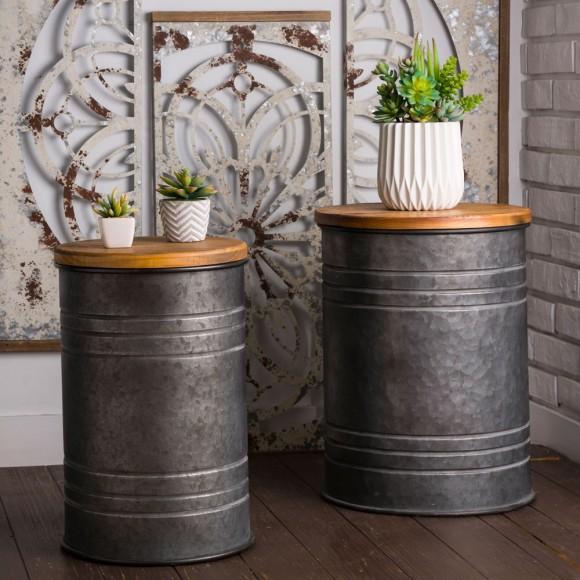 Glitzhome Glitzhome Rustic Galvanized Metal Storage Accent Table Or Stool With Round Wood Lid Set Of 2