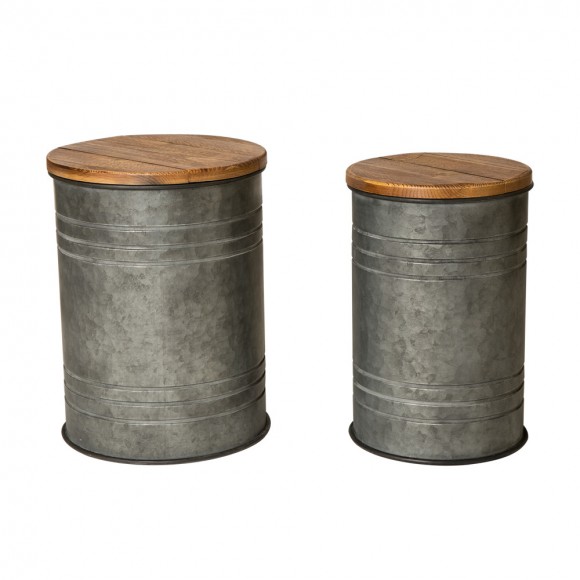 glitzhome Glitzhome Rustic Galvanized Metal Storage Accent Table or Stool with Round Wood Lid Set of 2