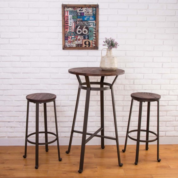 Glitzhome Glitzhome Rustic Steel Pub Bar Table And Stools With Elm Wood Top (1 Tabel+2 Stools)
