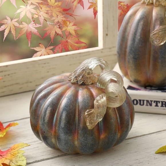 Glitzhome Glitzhome S/2 Blue/Gold GlitteryGlass Pumpkin