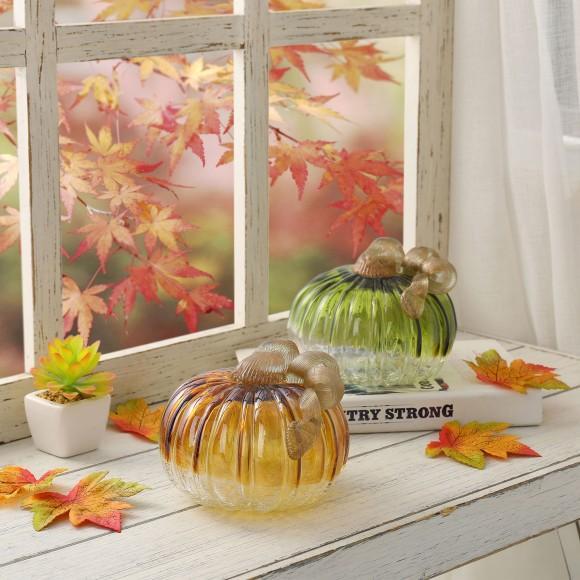Glitzhome Glitzhome S/2 Green & Amber Crackle Glass Short Pumpkin