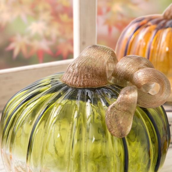 Glitzhome Glitzhome S/2 Green & Amber Crackle Glass Short Pumpkin