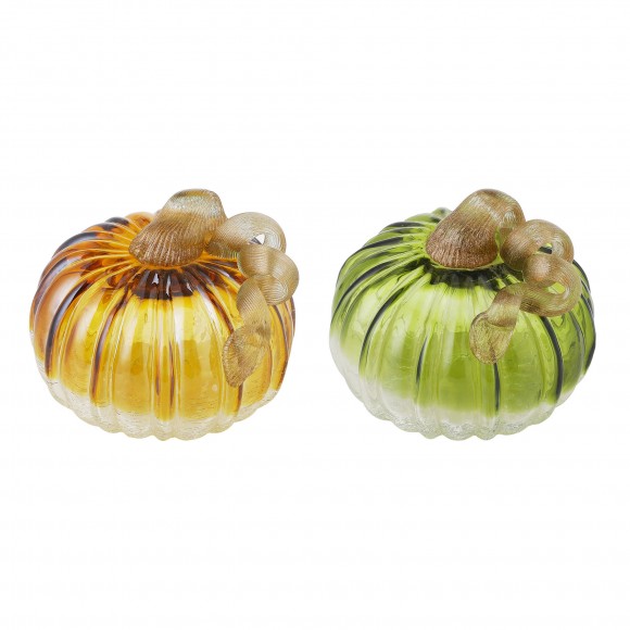 Glitzhome Glitzhome S/2 Green & Amber Crackle Glass Short Pumpkin