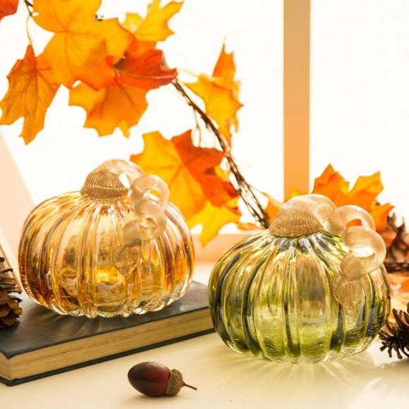 Glitzhome Glitzhome S/2 Green & Amber Crackle Glass Short Pumpkin（in Same Size）