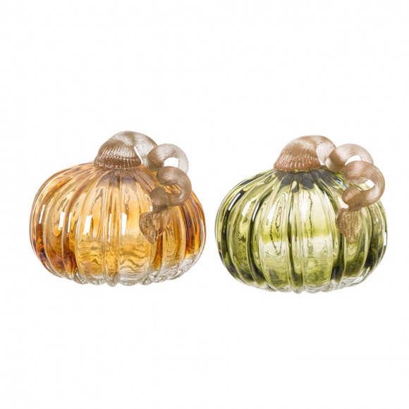 glitzhome Glitzhome S/2 Green & Amber Crackle Glass Short Pumpkin（in same size）