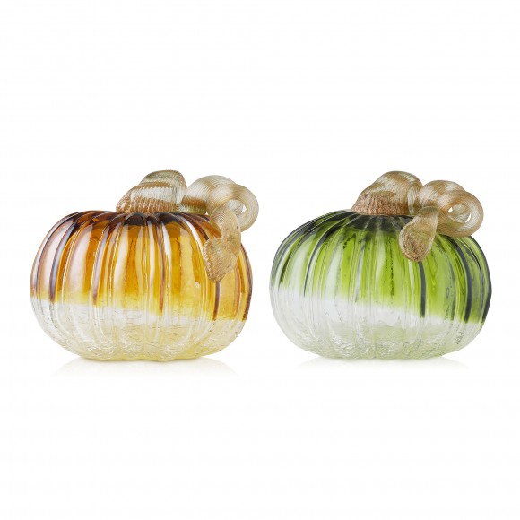 glitzhome Glitzhome S/2 Green & Amber Crackle Glass Short Pumpkin