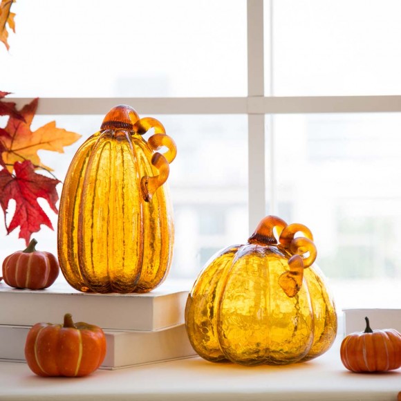 Glitzhome Glitzhome S/2 Hand Blown Amber Crackle Glass Pumpkin Decor